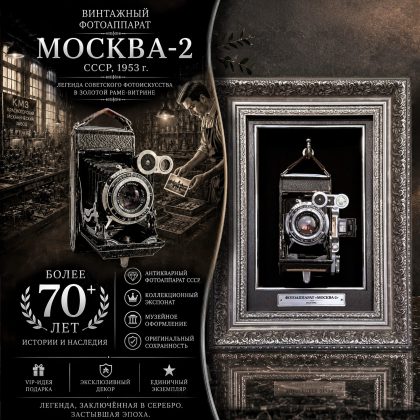 ФОТОАППАРАТ МОСКВА-2 (1953) В РАМЕ-ВИТРИНЕ • ВИНТАЖНЫЙ • МУЗЕЙНЫЙ ЭКСПОНАТ • VIP-ПОДАРОК