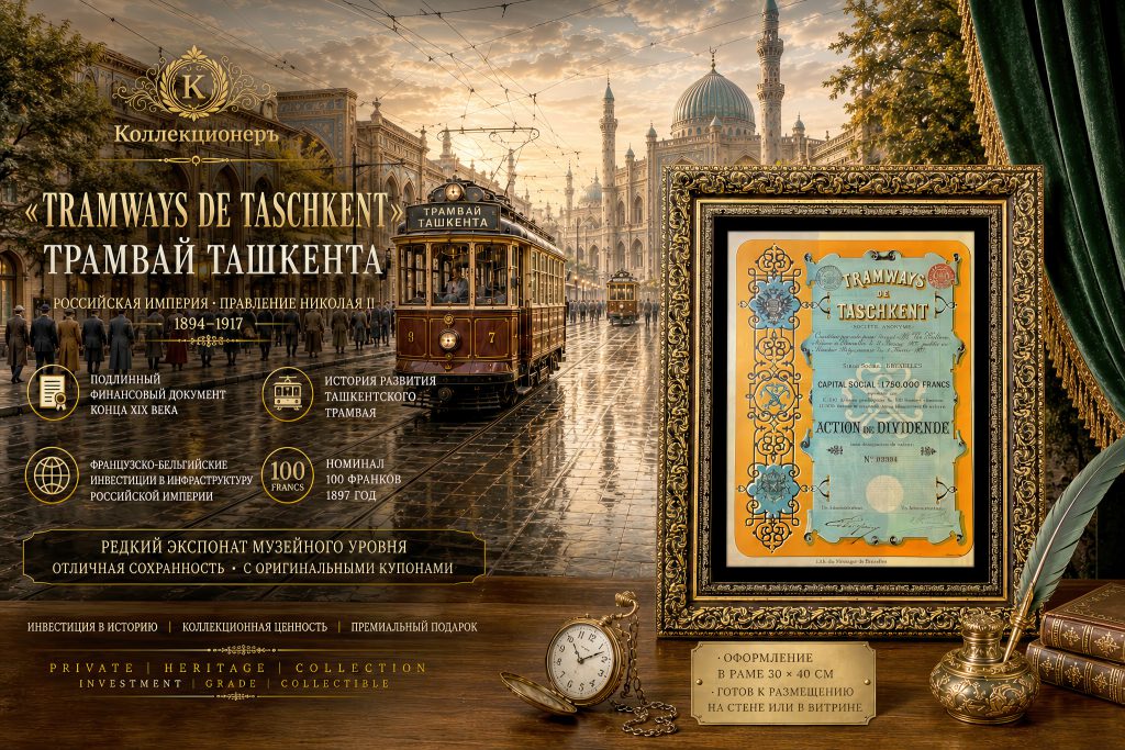 🌟 100 франков 1897. Ценная бумага «Трамвай Ташкента» в рамке