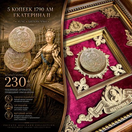 5 КОПЕЕК 1790 АМ Екатерина II AUNC Биткин №860 Подлинная монета в VIP-рамке