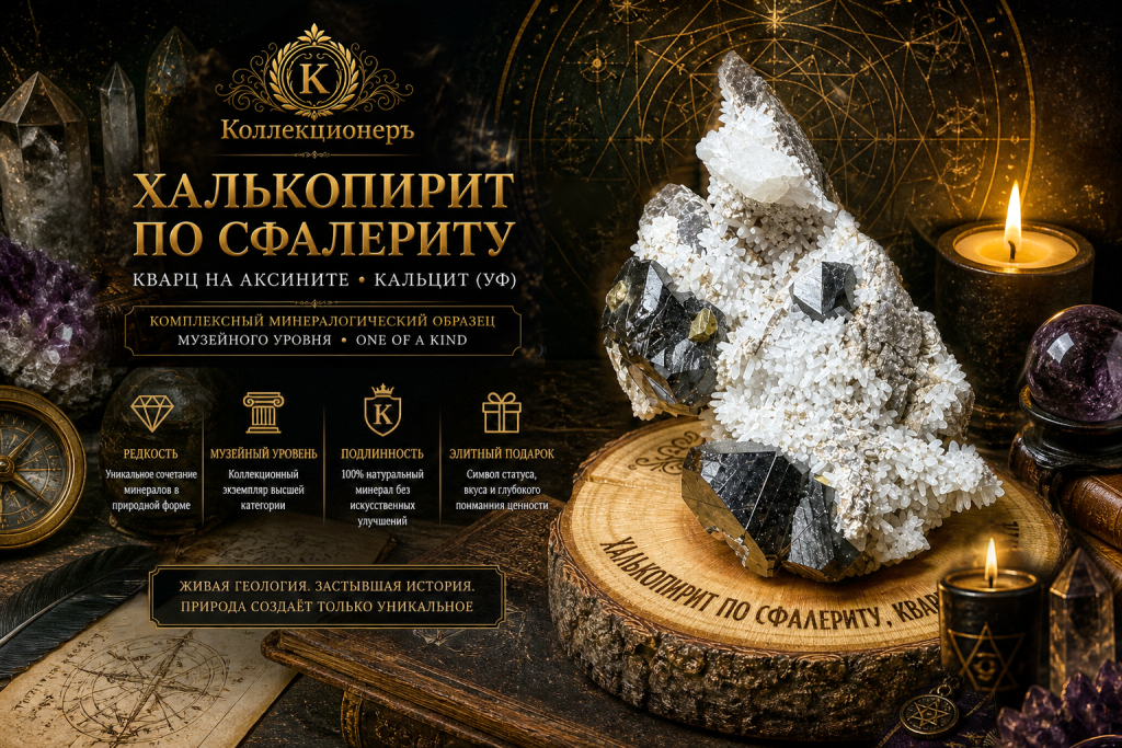 МУЗЕЙНЫЙ КОЛЛЕКЦИОННЫЙ ОБРАЗЕЦ • ХАЛЬКОПИРИТ ПО СФАЛЕРИТУ • КВАРЦ НА АКСИНИТЕ • КАЛЬЦИТ