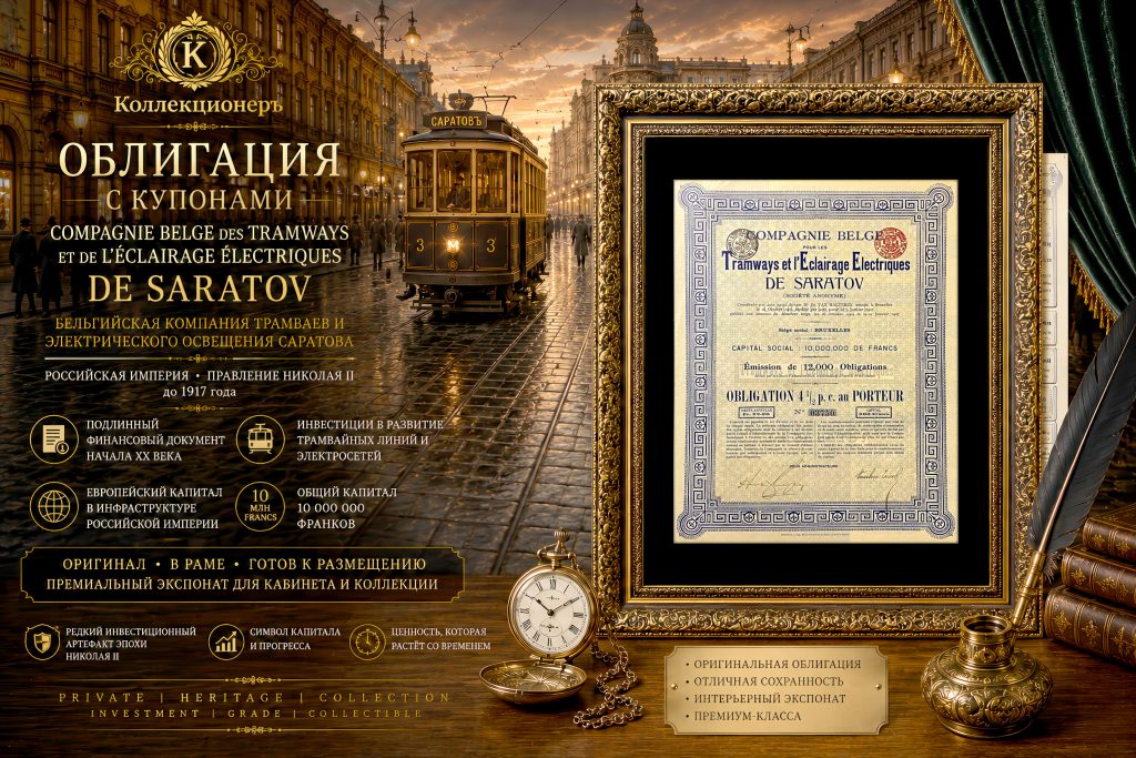 500 франков. 1905 год. Облигация трамвайной и электрической компании Саратова в рамке