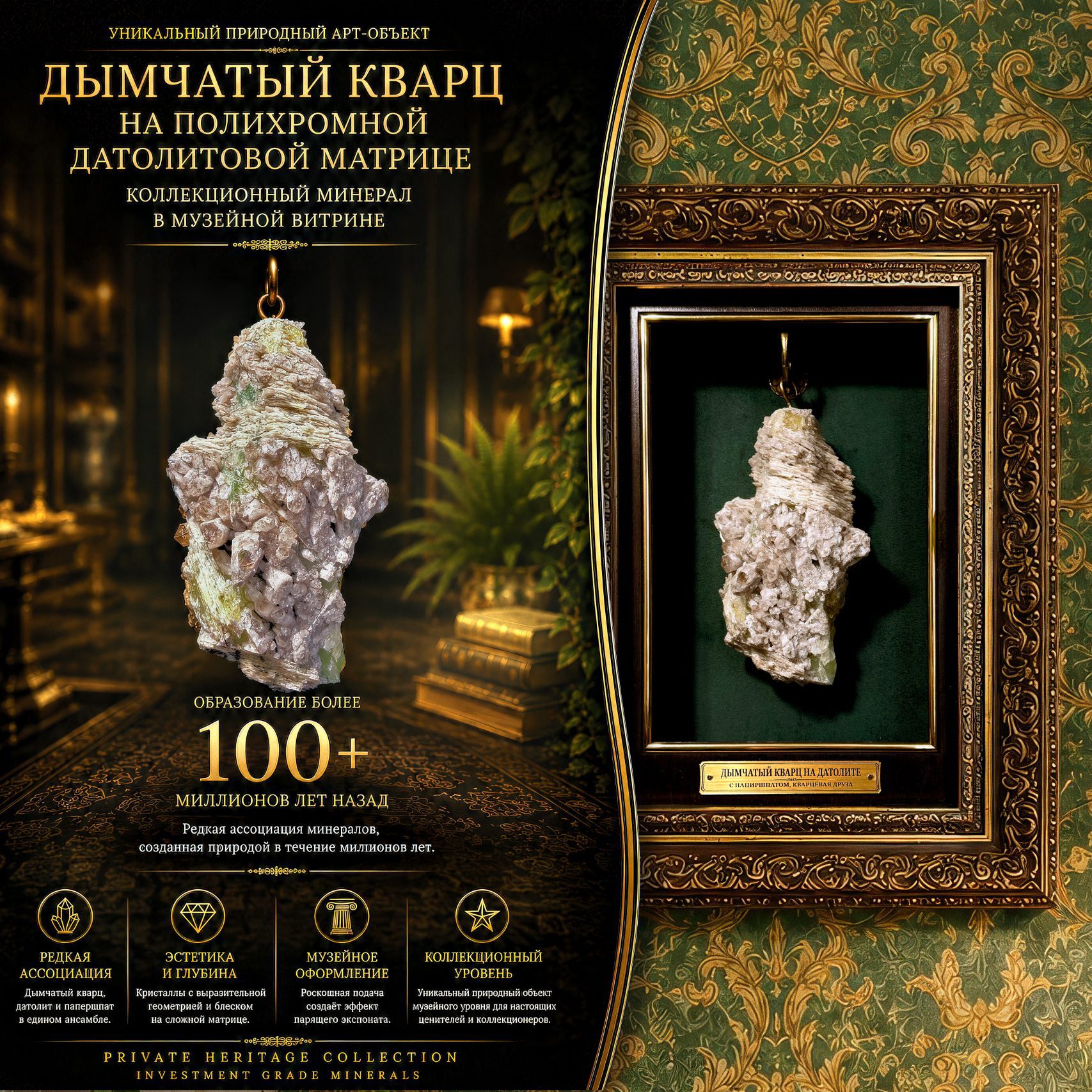 Дымчатый кварц на посечённой полихромной датолитовой матрице с обрастаниями кварца (друза)