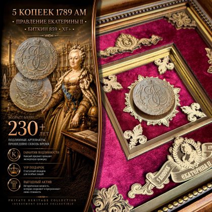 5 копеек 1789 АМ, Екатерина II XF+ Биткин 859 В эксклюзивной золотой рамке
