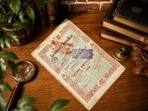 100 Франков 1899 Русско-Бельгийские патронные заводы в Москве и Льеже ценная бумага в рамке